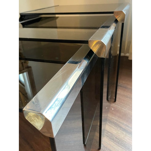 1970s Italian Chrome Nesting Coffee Tables With Smoked Glass Top- Pierangelo Gallotti - Set of 3 For Sale - Image 9 of 10