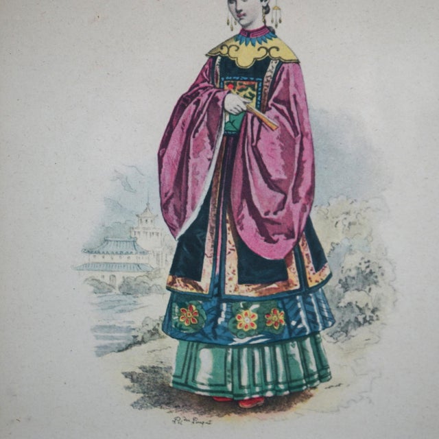Pair of Antique Hand Colored Oriental Mandarin Prints, Man & Woman of Royalty, 1900 For Sale - Image 9 of 12