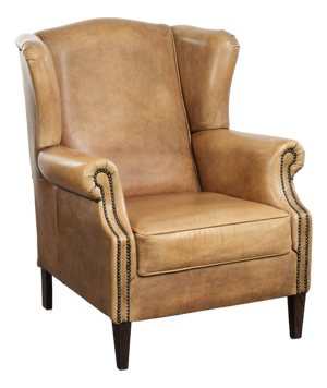 Light Cowhide Wing Armchair with a Timeless English Look and Good Seating Comfort