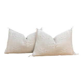 Ivory Frost Lumbar Moroccan Silk Pillows, Set of 2 For Sale