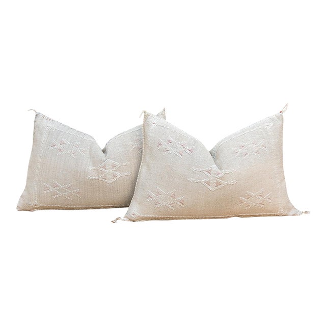Ivory Frost Lumbar Moroccan Silk Pillows, Set of 2 For Sale