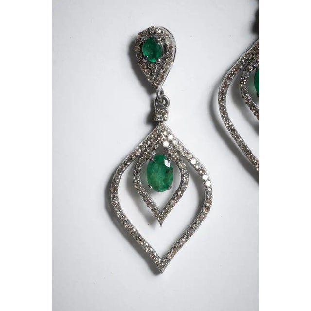 Modern Emerald and Pave` Diamond Tear Drop Dangle Earrings For Sale - Image 3 of 4