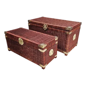 Pair Late 20th Century Handcrafted Asian Wicker & Brass Mounted Graduated Chests