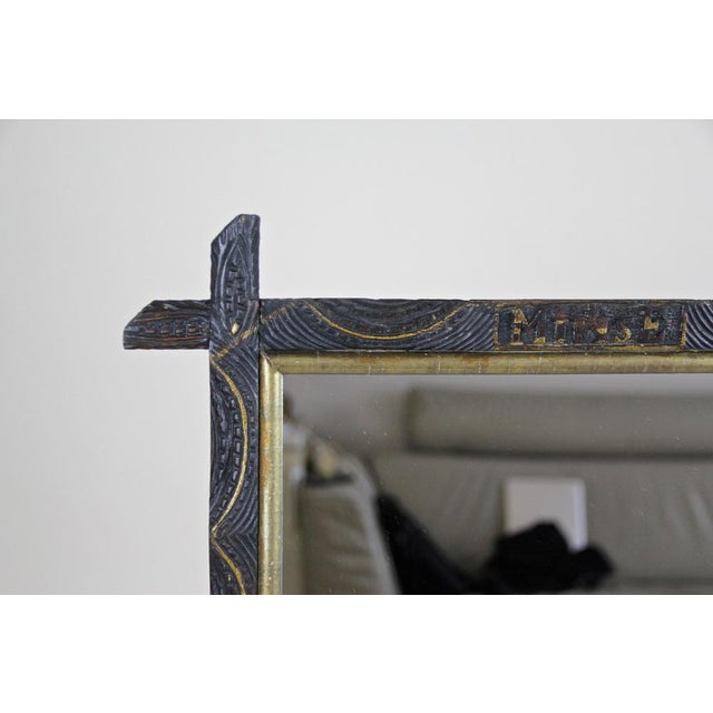 Rustic Hand-Carved Wooden Wall Mirror with Golden Bars, Austria, 1901 For Sale - Image 3 of 16