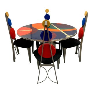 Post Modern Memphis Style Dining Table, 4 Chairs Artist Signed One-Of-A-Kind For Sale
