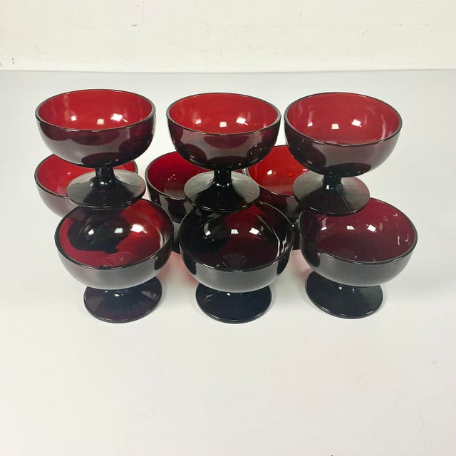 1920s Antique Art Deco Boho Chic Hollywood Regency Ruby Red Champagne Coupes - Set of 9 For Sale - Image 6 of 12