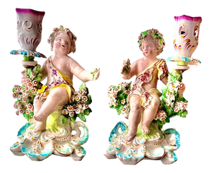 English Georgian Candlesticks in Derby Porcelain, 1760s, Set of 2
