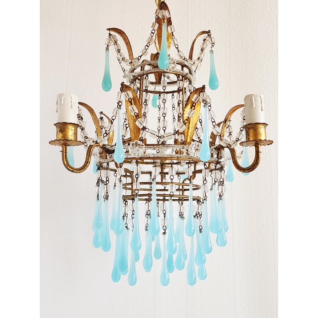 1950s Vintage Gilt Metal Italian Chandelier With Blue Opaline Crystals For Sale - Image 5 of 12
