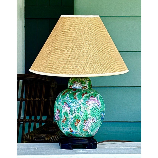 Mid 20th Century Green Asian Lotus Lamp With Jute Lamp Shade For Sale In New York - Image 6 of 10