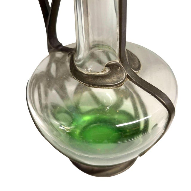 1900 - 1909 1900s Austrian Art Nouveau Pewter Jugendstil Clade Green Art Glass Wine Carafe For Sale - Image 5 of 6