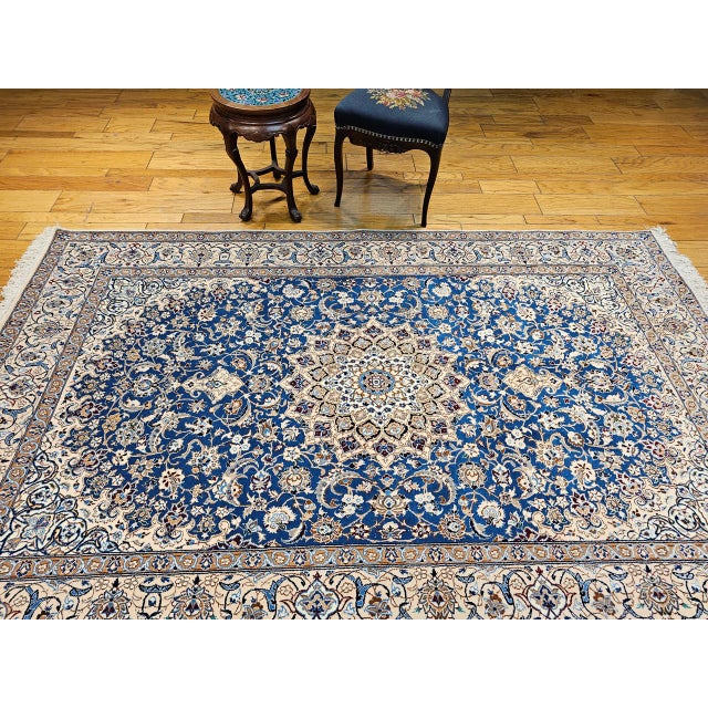 Vintage Persian Nain Area Rug, Hand-Knotted Wool & Silk, Floral Pattern, 6x9, Royal Blue & Ivory For Sale In Chicago - Image 6 of 16