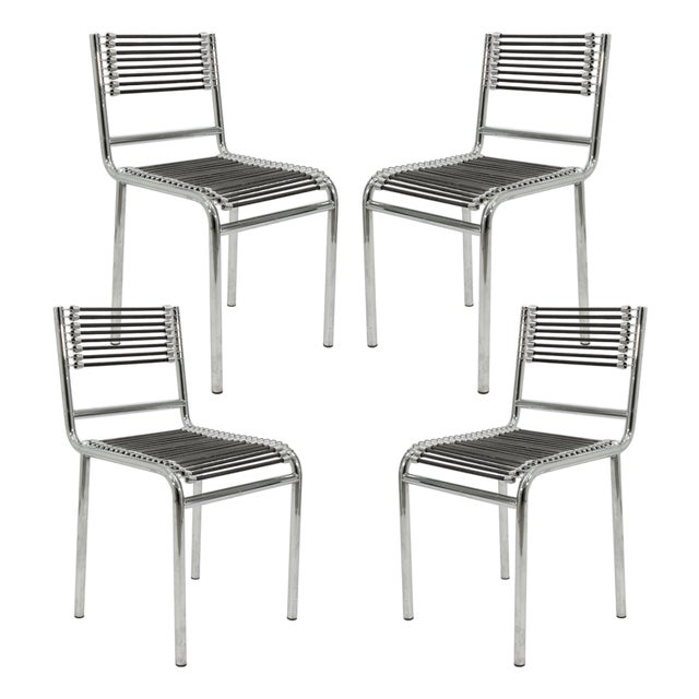 Set of 4 Mid Century Rene Herbst Sandow Cord and Chrome Armchairs For Sale