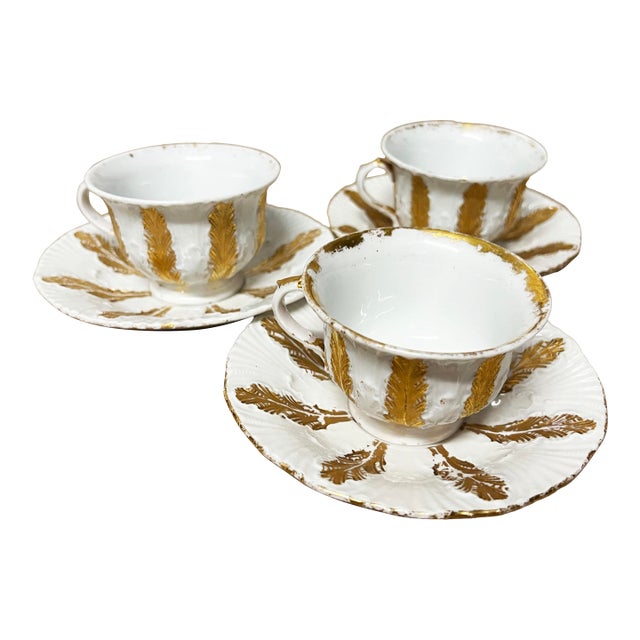 Antique Meissen Acanthus Leaf Espress Demi Tesse 3 Cups/Saucer Sets - 9pcs For Sale