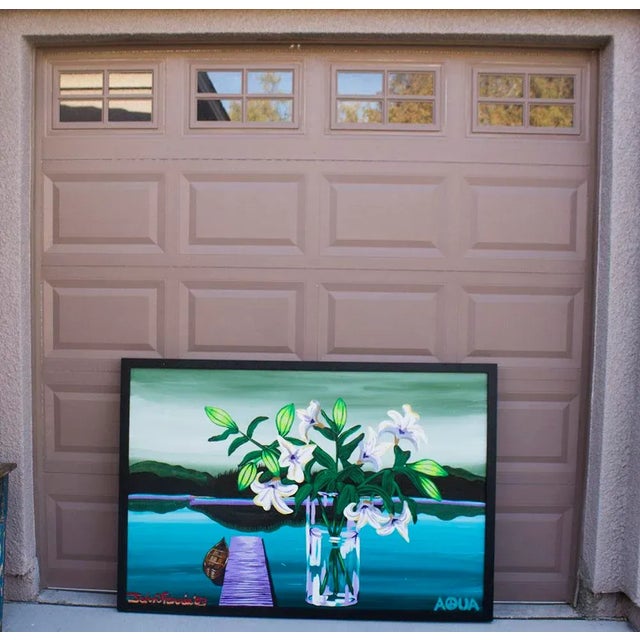 Wood John Ferrie Mid-Century Painting Titled Aqua - Lilies in Vase For Sale - Image 7 of 13