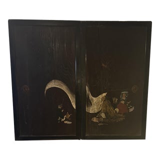 Early 20th Century Vintage Japanese Shoji Wood Panels With Hand Painting - Set of 2 For Sale