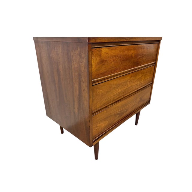 Wood Mid-Century Modern 3-Drawer Walnut Bachelor Chests - Set of 2 - Refinished! For Sale - Image 7 of 8