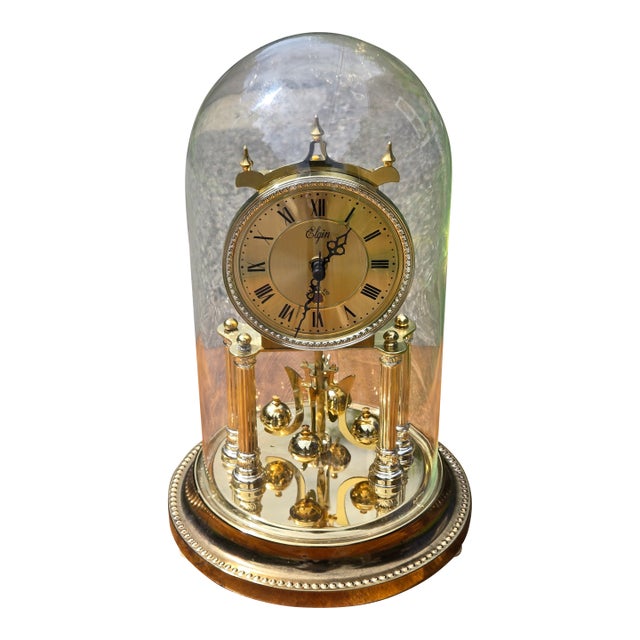 Vintage Elgin Anniversary Mantel Clock With Glass Dome, Brass Finish & Rotating Pendulum For Sale