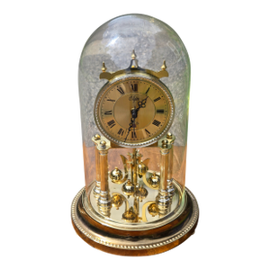 Vintage Elgin Anniversary Mantel Clock With Glass Dome, Brass Finish & Rotating Pendulum