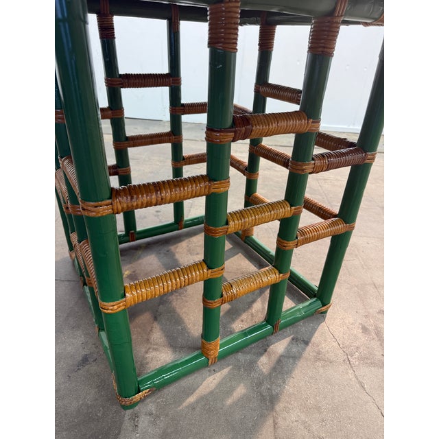 Wood Vintage Green Faux Bamboo & Rattan Round Coffee Table For Sale - Image 7 of 7