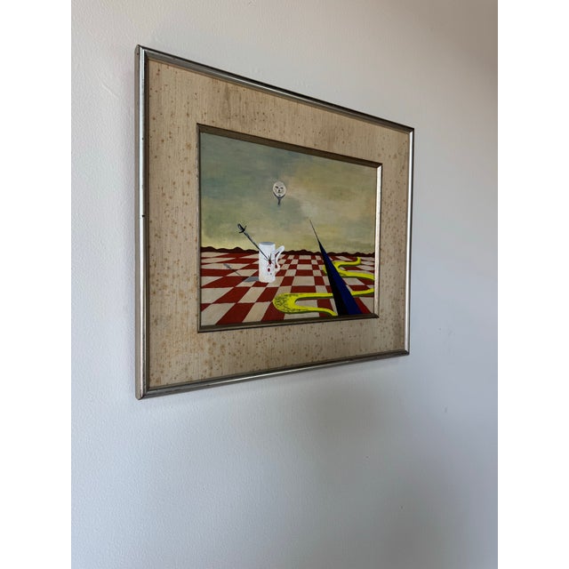 A striking 1977 surrealist-style oil painting by E.J. Troy, this imaginative work blends dreamlike symbolism with bold...