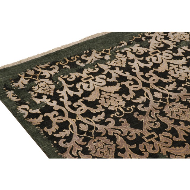 Rug & Kilim Rug & Kilim’s Classic-Style Rug in Silver Floral Patterns on Black & Green For Sale - Image 4 of 6