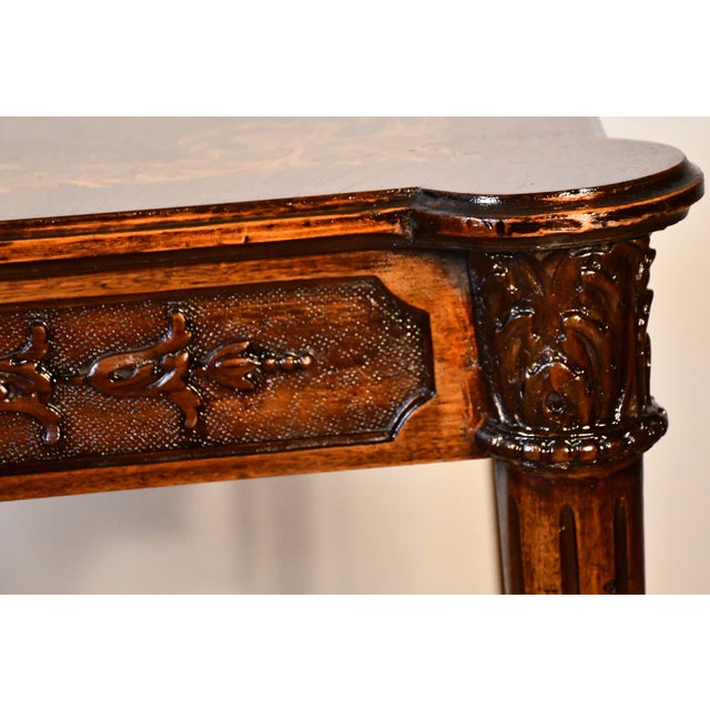 Brown 1930s French Louis XVI Carved Walnut & Satinwood Inlay Sofa Table / Side Table For Sale - Image 8 of 12