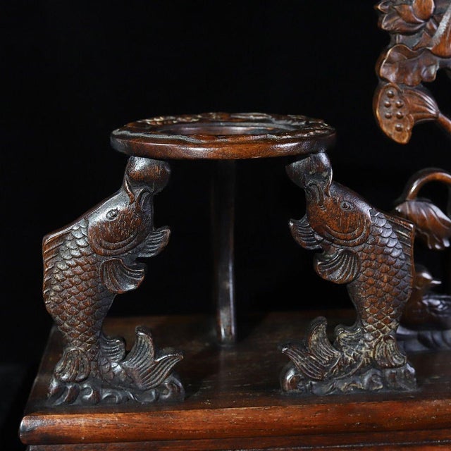 Brown Huali Rosewood Carved Display Stand With Fish & Lotus Motif For Sale - Image 8 of 9