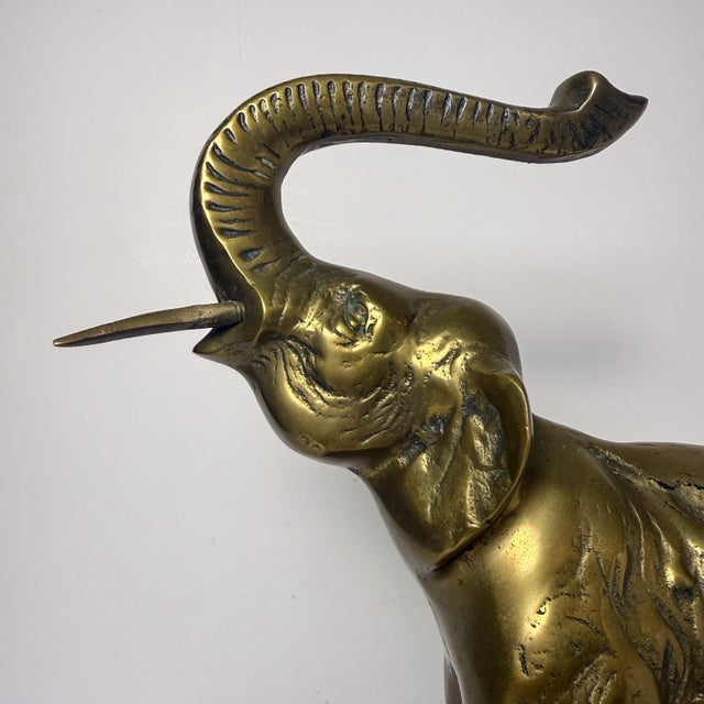 Brass Vintage Brass Elephant Sculpture With Raised Trunk on Pedestal Base For Sale - Image 8 of 8