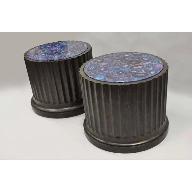 Large Custom Wooden Fluted Column Pedestal W/ Faux Purple Agate Painted Top Pair For Sale - Image 12 of 12