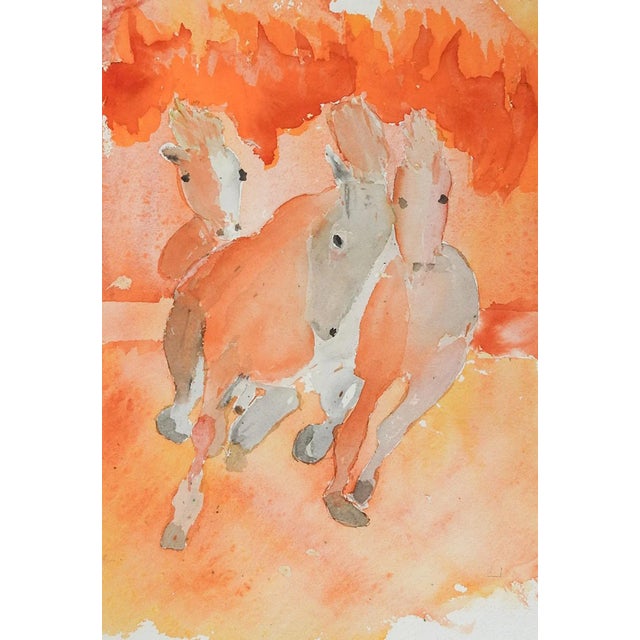 Abstract Vintage Abstract Orange Horses Watercolor Painting For Sale - Image 3 of 3