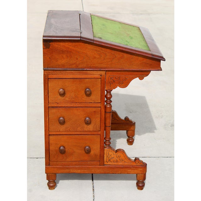 Antique 1860s Victorian Walnut Davenport Writing Desk English Slant Front Secretary With Original Green Baize Top For Sale In Naples, FL - Image 6 of 18