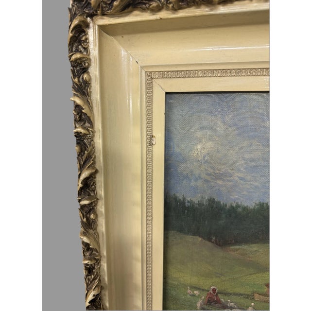 Antique Oil on Canvas Landscape Painting of a Farm Scene W Ducks Signed Paul Becht 1902 For Sale - Image 9 of 11