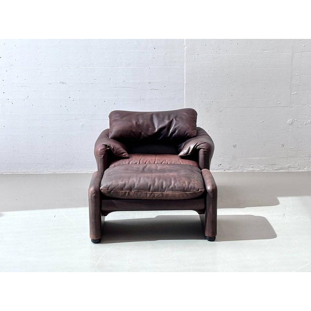 Animal Skin Set of Maralunga Armchair and Ottoman in Leather by Vico Magistretti for Cassina, Italy, 1970s For Sale - Image 7 of 18