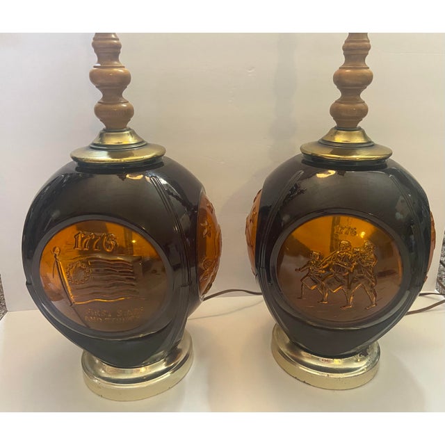 Vintage Phoenix Consolidated Light Co Amber 24” Set of Patriotic Lamps Rare - a Pair For Sale - Image 13 of 18