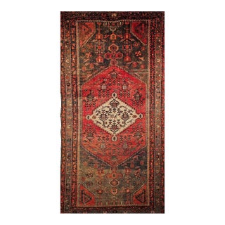 Vintage Persian Hamadan Rug, Hand-Knotted Wool, Geometric Medallion Pattern, Moss Green & Red, 4x7 For Sale