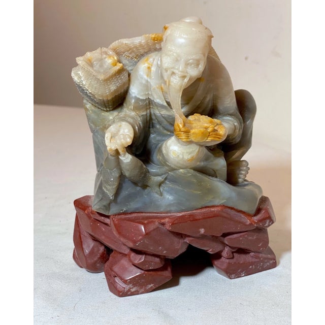 1930s Signed Antique Carved Chinese Shoushan Hard Stone Fisherman Man Sculpture Statue For Sale - Image 5 of 12