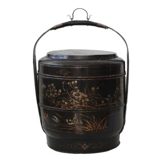 Vintage Chinoiserie Early 20th Century Large Painted Black Gold Bamboo Wood Wedding Basket For Sale