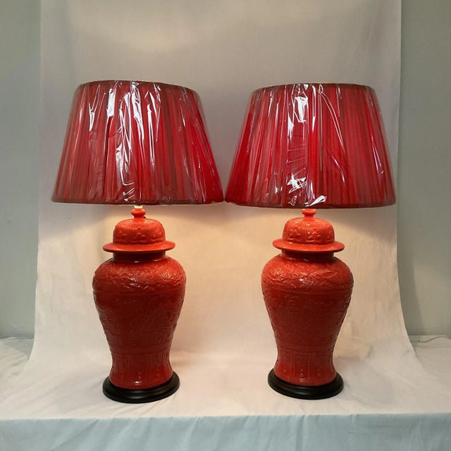 1960s Vintage Large Coral Porcelain Ginger Jar Lamps With Shades - a Pair For Sale - Image 12 of 12