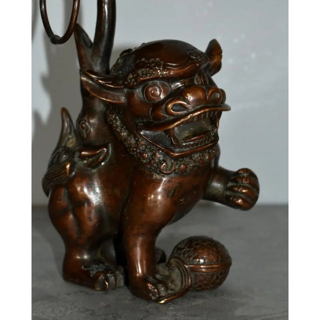 Chinese Vintage Chinese Bronze Foo Dog Candle Holder For Sale - Image 3 of 13