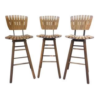 Vintage Arthur Umanoff Style Tall Wood Slat Swivel Bar Stools For Sale