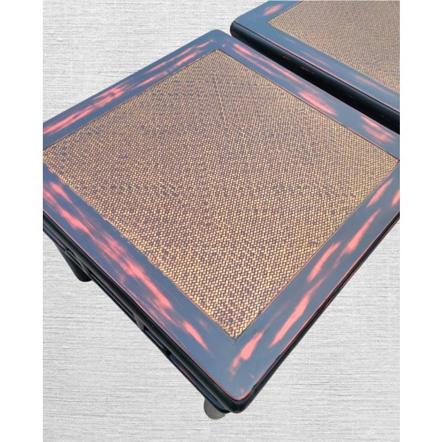 Palecek Vintage Distressed Black Red Accented Square Wicker Top Asian Style Ming Foot Stool Ottomans- A Pair For Sale - Image 4 of 7