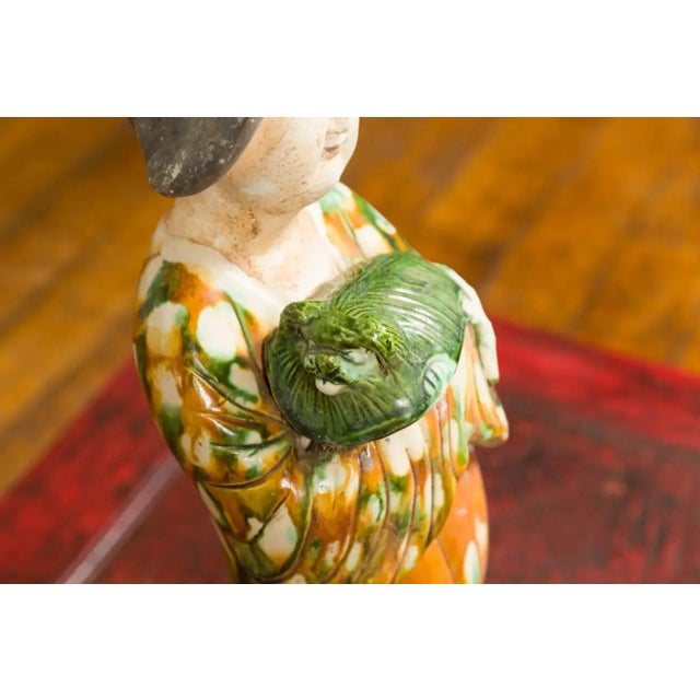 Chinese Court Lady Statue with Egg and Spinach Pattern Kimono and Holding a Dog For Sale - Image 9 of 13