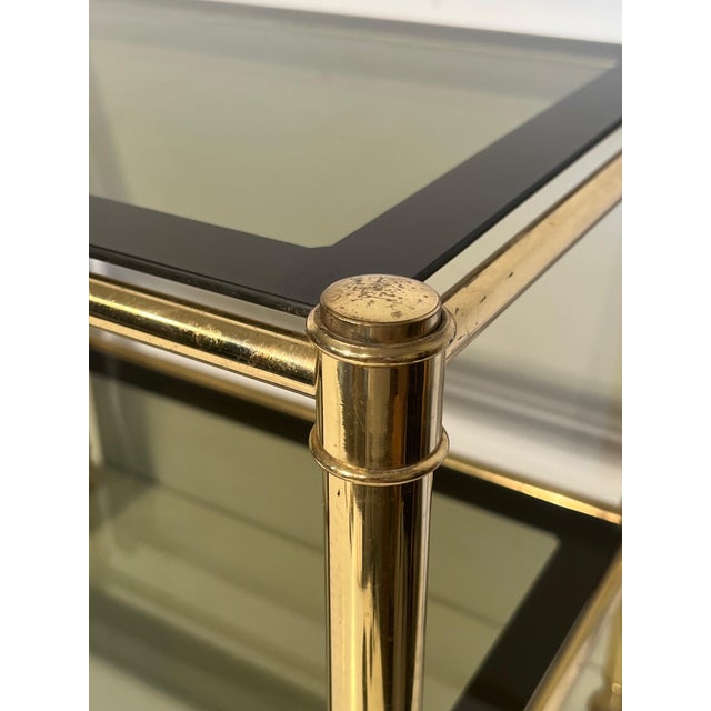1970s Pair of brass side tables with smoked glass shelves For Sale - Image 6 of 10