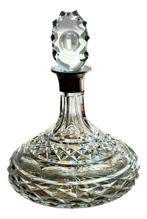 Vintage Cut Glass Ships Decanter with Sterling Silver Collar by Israel Freeman & Son Ltd, 1968