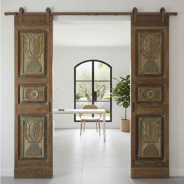 Mid-Century Modern Antique Indian Carved Double Doors With Floral Vase Motif | Wooden Pantry or Barn Door 80x36 For Sale - Image 3 of 3