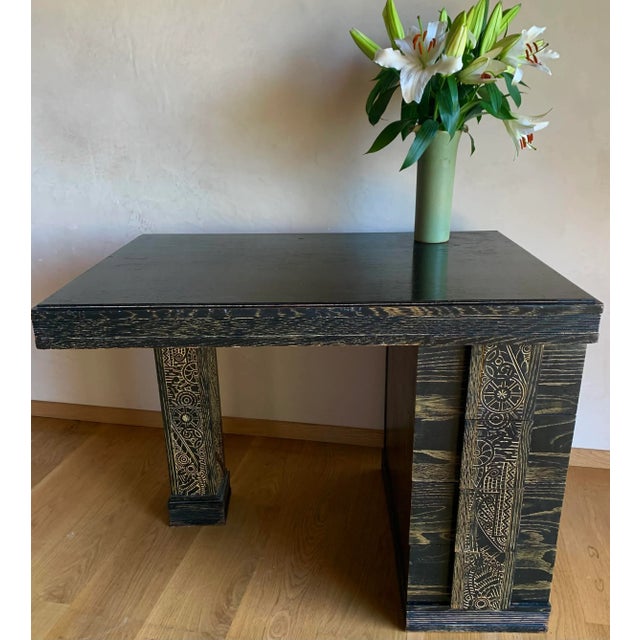 Paul Frankl 1940s Mid Century Vintage Bauhaus Arts + Crafts Black Cerused Oak With Stylized Botanical Hand Carved Pillar and Pulls For Sale - Image 4 of 12
