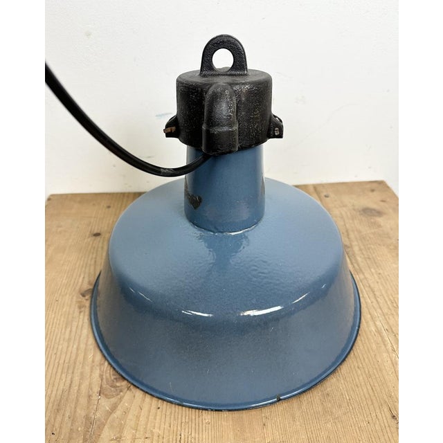 Industrial Blue Enamel Factory Lamp with Cast Iron Top, 1960s For Sale - Image 14 of 16