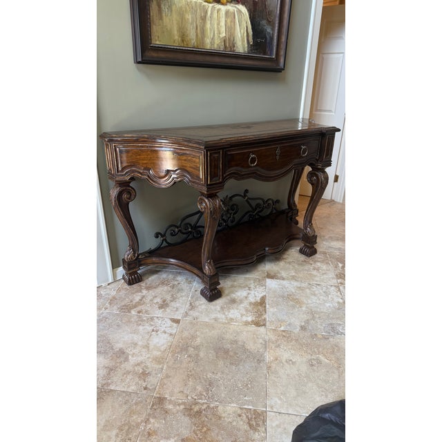 Wood Marge Carson Spanish Revival Console Table With Ironwork and Carved Details For Sale - Image 7 of 10