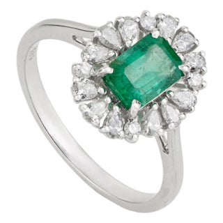 Natural Emerald Pear Diamond Halo Art Deco Ring Size 5.5 in 14k White Gold For Sale