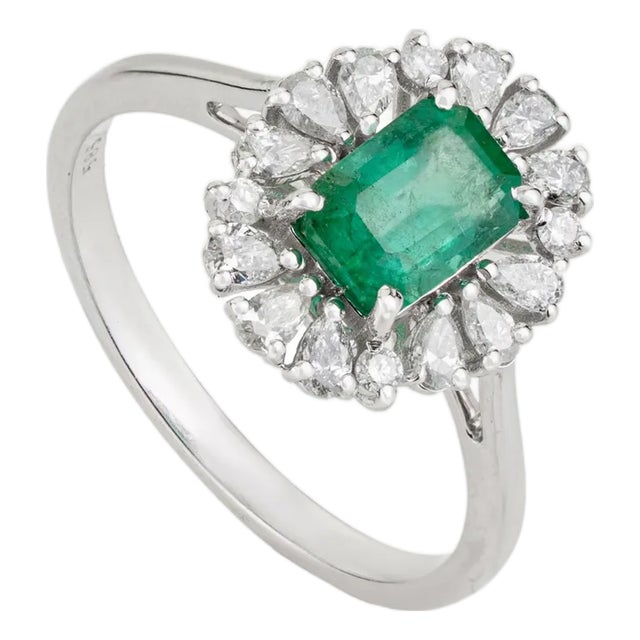 Natural Emerald Pear Diamond Halo Art Deco Ring Size 5.5 in 14k White Gold For Sale